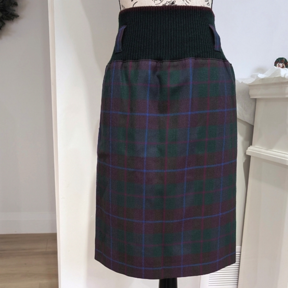 RODIER | Women's Green/Purple/Blue Plaid High-Waisted Pencil Skirt